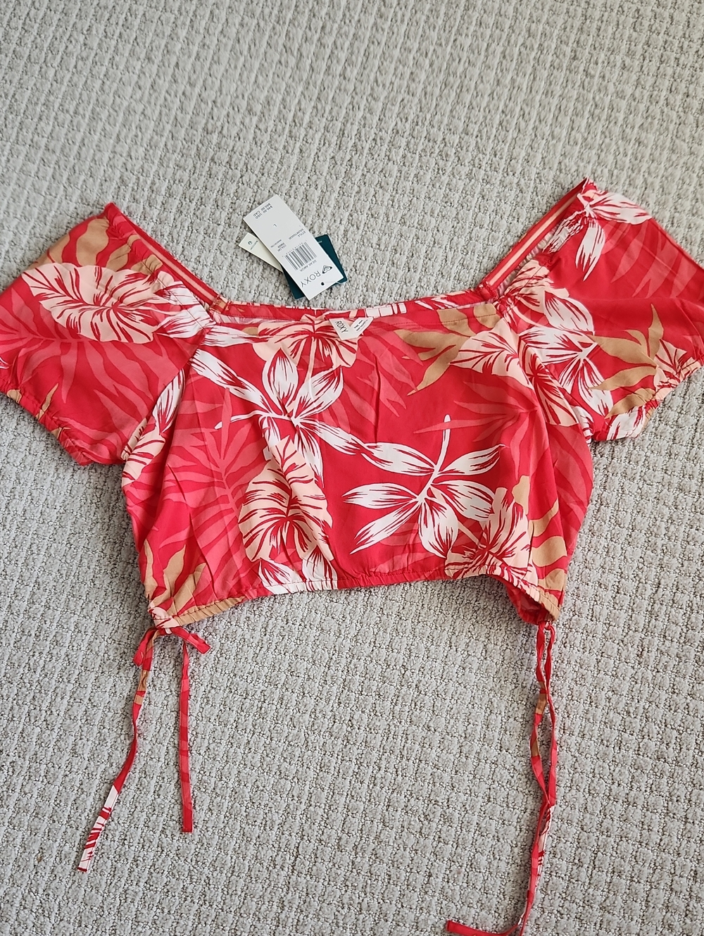 Roxy Red Tropical Floral Off-Shoulder Crop Top